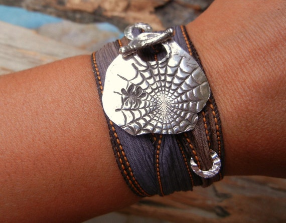 Gothic Jewelry, Goth Tattoo Silver Bracelet, Goth Spider Web Jewelry, Goth Fashion Trend, Gothic Silk Ribbon Wrap Bracelet, Goth Jewelry