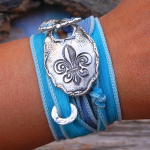 Fleur de Lis Jewelry, Fleur de lis Bracelet, STERLING Silver Bracelet, Fleur de Lis Silk Ribbon Wrap Bracelet, Silver Silk Wrap Bracelet