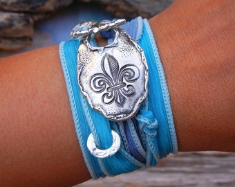 Fleur de Lis Jewelry, Fleur de lis Bracelet, STERLING Silver Bracelet, Fleur de Lis Silk Ribbon Wrap Bracelet, Silver Silk Wrap Bracelet