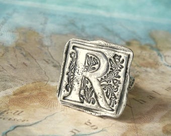 Monogram Wax Seal Ring, Hand Stamped Initial Jewelry, A B C D E F G H I J K L M N O P Q R S T U V W X Y Z Size 4 5 6 7 8 9 10 11 12 13 14 15