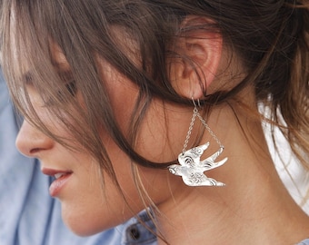 Bird Earrings, Bird Jewelry, Silver Bird Earrings, Flying Bird Earrings Silver Swallow, Sparrow, Raven, Cardinal, Dove, Robin, Wren, Phoenix