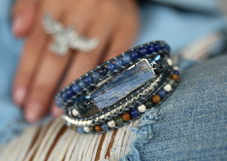 Boho Jewelry, Boho Wrap Bracelet, 5X Leather Wrap Bracelet, 5X Wrap Boho Bracelet, Blue Leather Wrap Bracelet, Kyanite Bracelet Boho Jewelry image 5