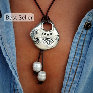 Best sterling silver leather & pearl necklace collection by HappyGoLicky Jewelry