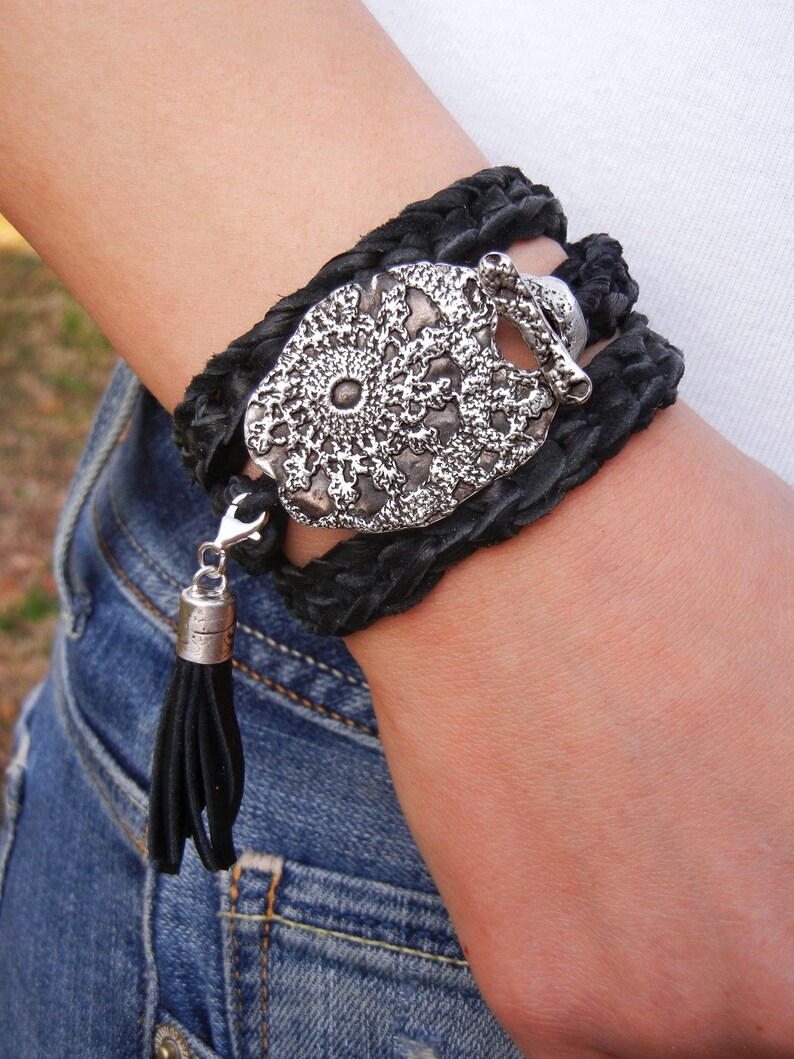 Boho Jewelry Wrap Bracelet, Bohemian Silver Jewelry, Leather TRIPLE Wrap Bracelet, Boho Silver Toggle Buckle Black Wrap Bracelet, 2 COLORS image 2