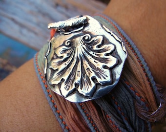 Silver Bracelet, Sterling Silver Unique Jewelry, Sterling Jewelry Silk Wrap Bracelet, Ornate Shell Design, Hand Made Jewelry, Orange n Gray
