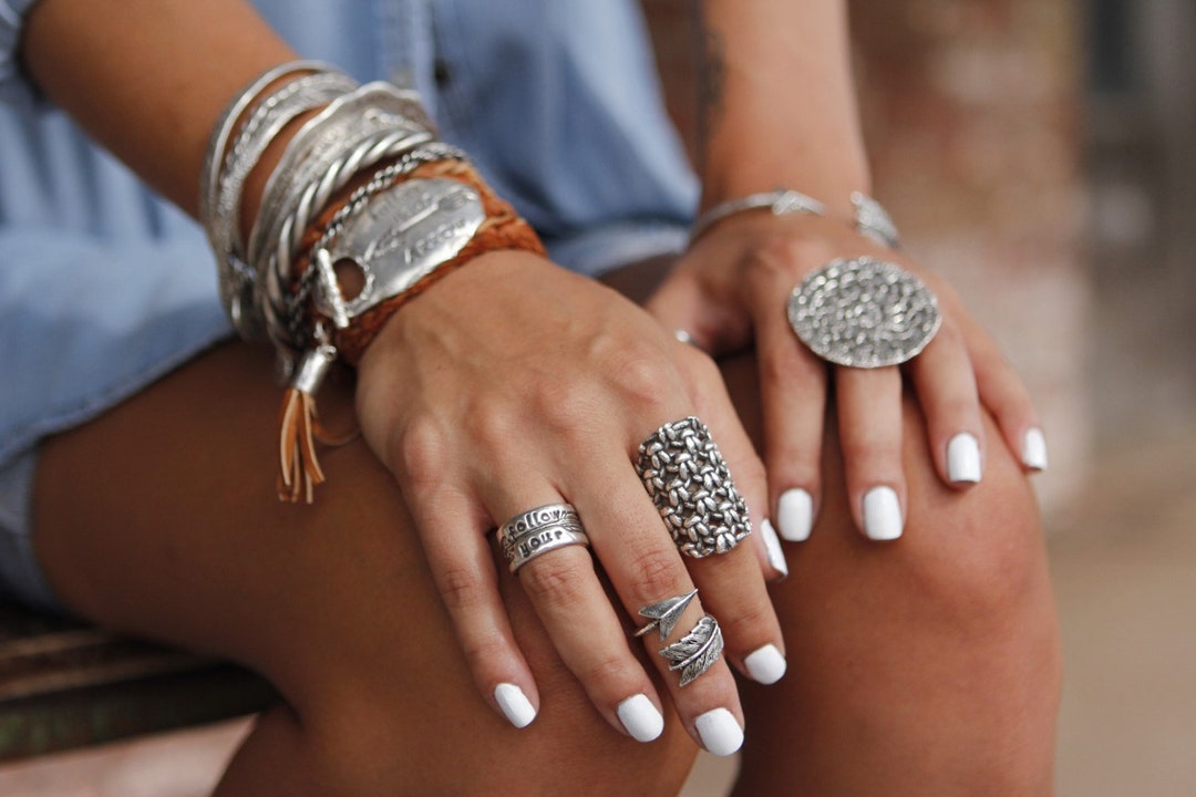 Silver Geometric Ring - Wire Crochet Statement Ring 8-9 / Silver