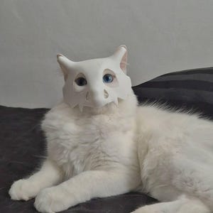 Puede incluir: Un gato blanco con una máscara de calavera blanca con orejas puntiagudas y bordes dentados. El gato tiene ojos azules y está acostado sobre una superficie gris oscuro. La máscara cubre la cara del gato, creando una apariencia única y caprichosa.