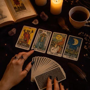 May include: A still-life image featuring tarot cards, candles, and a cup of tea. The tarot cards are laid out with the titles "The Magician", "The Preistess", "The Sun", and "A Moon". Two lit candles and an open book are also present.
