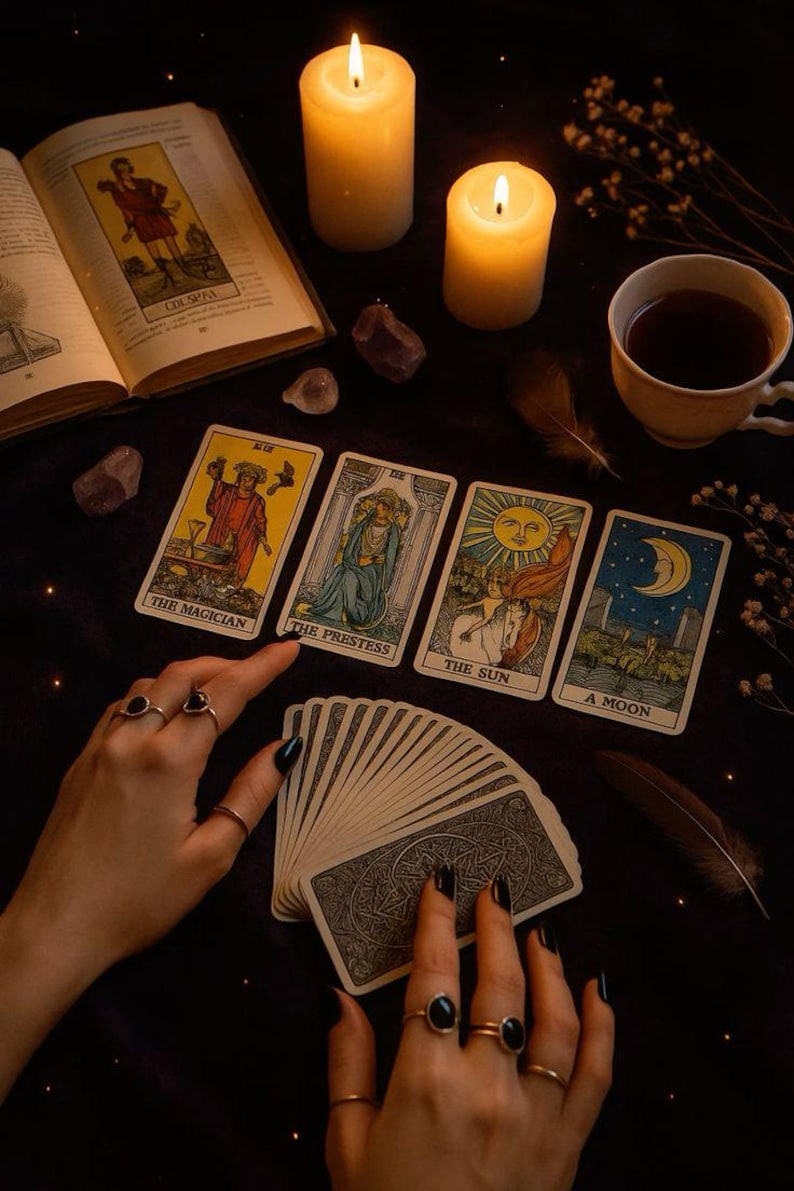 May include: A still-life image featuring tarot cards, candles, and a cup of tea. The tarot cards are laid out with the titles "The Magician", "The Preistess", "The Sun", and "A Moon". Two lit candles and an open book are also present.