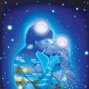 May include: A surreal painting of two figures kissing, their bodies filled with blue-toned imagery of a tropical beach, ocean waves, a sunset, clouds, and a rainbow. Above their heads are glowing white light orbs against a dark starry night sky.