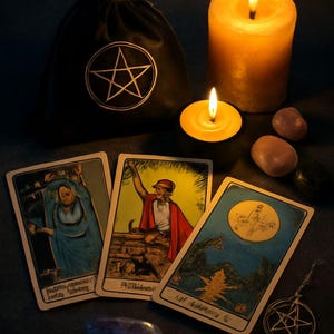 May include: A still life featuring tarot cards, lit candles, and a black bag with a white pentagram. The cards depict figures and scenes. Smooth, polished stones and a metal pentagram charm are also present.