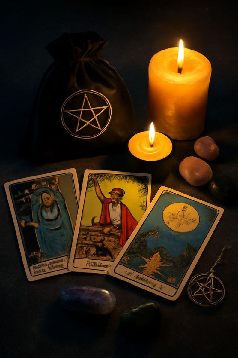 May include: A still life featuring tarot cards, lit candles, and a black bag with a white pentagram. The cards depict figures and scenes. Smooth, polished stones and a metal pentagram charm are also present.
