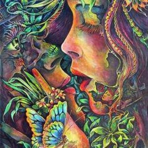 May include: A vibrant, multi-coloured artistic print featuring a profile of a face intertwined with lush green foliage, cannabis leaves, and a prominent blue and yellow butterfly. The composition uses deep purples, oranges, and greens.