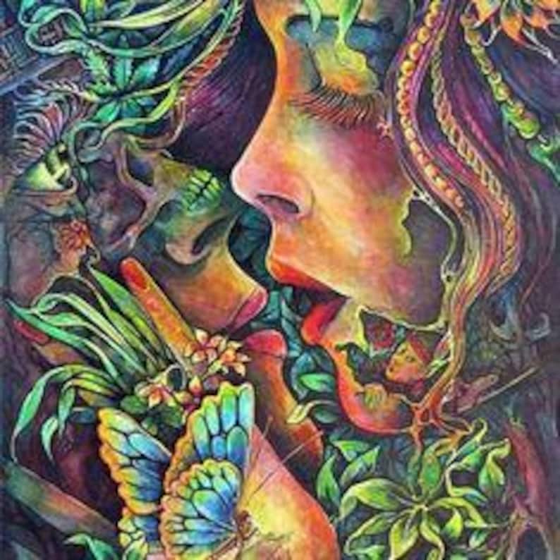 May include: A vibrant, multi-coloured artistic print featuring a profile of a face intertwined with lush green foliage, cannabis leaves, and a prominent blue and yellow butterfly. The composition uses deep purples, oranges, and greens.