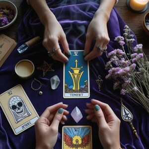 May include: A mystical scene featuring tarot cards, crystals, and candles on a purple velvet surface. Two hands hold tarot cards with illustrations and text. Other items include a star-shaped object, a small bowl, and a lit candle.