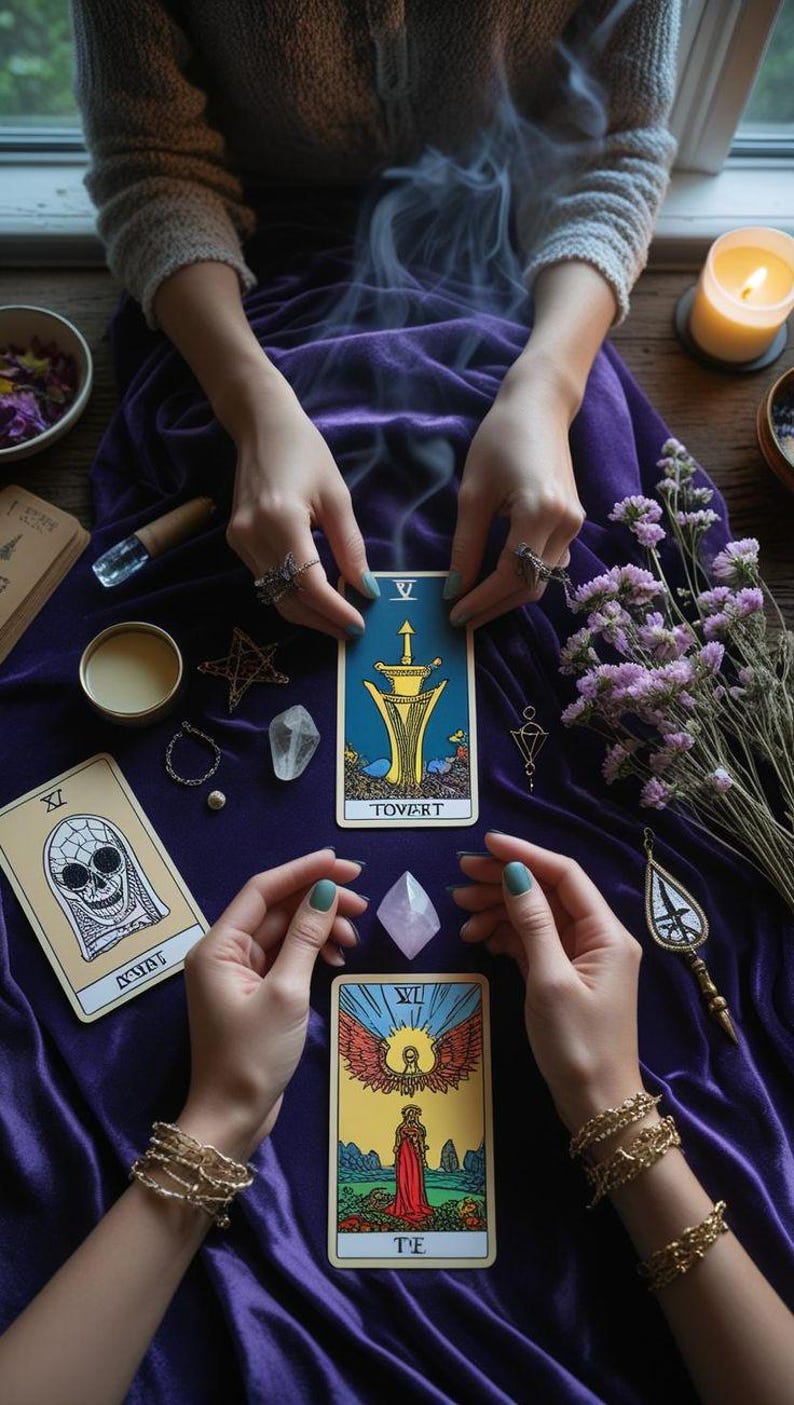 May include: A mystical scene featuring tarot cards, crystals, and candles on a purple velvet surface. Two hands hold tarot cards with illustrations and text. Other items include a star-shaped object, a small bowl, and a lit candle.
