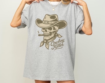 Vintage Western Skull Graphic Tee: Edgy Cowboy Biker T-Shirt