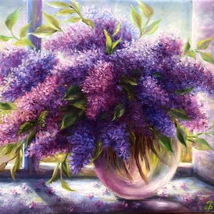 May include: An oil painting of a lilac bouquet in a clear glass vase. The flowers are a mix of purple and pink, with green leaves. The painting is set on a windowsill, with sunlight streaming through, creating a soft glow.