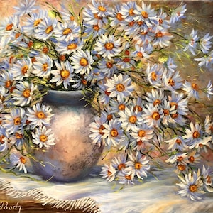 Original Oil Painting – White Daisies in Vase, Floral Artwork on Canvas, Hand-Painted Wall Art