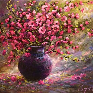 Peach Flowers Oil Painting on Canvas, Wall Decor Gift,  Original Modern Pink Floral Art