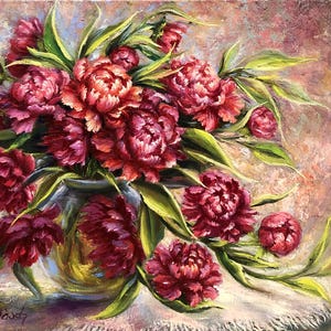 May include: An oil painting depicting a vase of red peonies. The flowers have multiple layers of petals and are surrounded by green leaves and stems. The background is a textured mix of pink and brown tones.