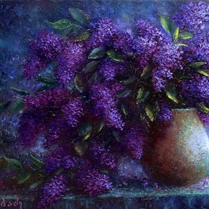 May include: An oil painting showing a vibrant display of purple lilac flowers in a brown vase. The blooms spill out, with green leaves set against a dark blue backdrop. The artwork has a textured, impressionistic style, with visible brushstrokes.
