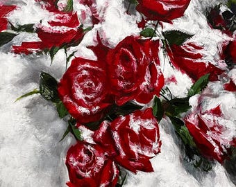 Red Roses in Snow Oil Painting – Original Floral Art, Textured White & Red Rose Wall Art, Romantic Home Decor 16x24 In