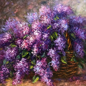 May include: An oil painting depicting a profusion of purple lilac flowers in a woven basket. The blooms display shades of lavender, violet, and pink, with green leaves interspersed. The basket is brown, set against a backdrop of brown and purple hues.