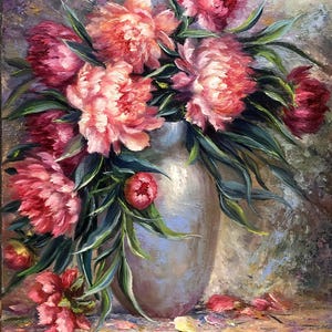 Original Oil Painting: Pink Peonies in Vase - Impressionist Floral Art