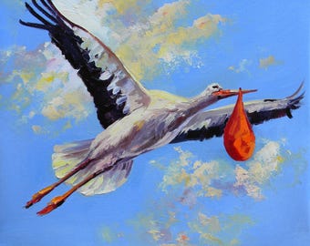 コウノトリのつがい、鳥のつがい、高品質のアート、コウノトリの油絵