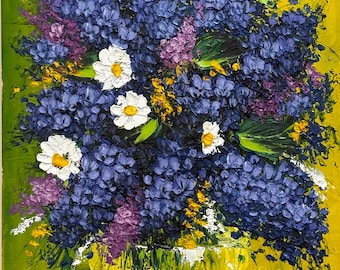 Blue Lilac Oil Painting Palette Knife, Original Impasto Flowers on Canvas 30x40 cm, Textured Wall Art (11.8-15.7 in)