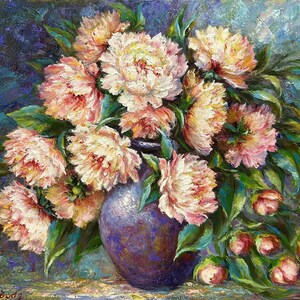 May include: Oil painting of a bouquet of peonies in a purple vase. The flowers are a mix of pink and cream, with green leaves. The background is a textured blend of blues and greens.