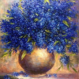 Blue Lilac Oil Painting on Canvas: Impressionist Floral Still Life