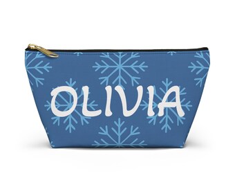 Personalized Snowflake Winter Medication Makeup Pouch, Custom Name Cosmetic Bag, Holiday Gift, Winter Theme Travel Organizer