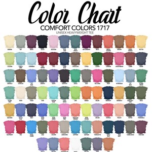 Puede incluir: Tabla de colores de camisetas unisex Comfort Colors 1717. La tabla muestra una amplia gama de colores, incluyendo Banana, Black, Blossom y Brown. Cada color est&aacute; representado por un peque&ntilde;o gr&aacute;fico de camiseta, con nombres de colores.