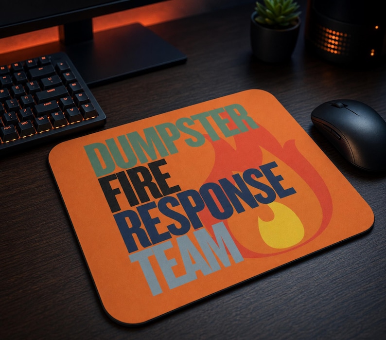 Może przedstawiać: Prostokątna podkładka pod mysz z pomarańczowym tłem i stylizowaną grafiką płomienia w kolorze czerwonym i ż&oacute;łtym. Napis DUMPSTER FIRE RESPONSE TEAM jest nadrukowany dużymi, pogrubionymi, wielokolorowymi literami blokowymi na środku powierzchni.