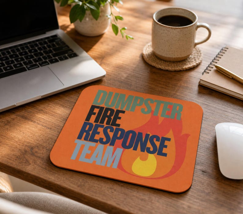 Może przedstawiać: Prostokątna podkładka pod mysz z pomarańczowym tłem i stylizowaną grafiką płomienia w kolorze czerwonym i ż&oacute;łtym. Napis DUMPSTER FIRE RESPONSE TEAM jest nadrukowany w ułożonych liniach bezszeryfową czcionką w kolorach morskim, czarnym, granatowym i jasnoniebieskim.