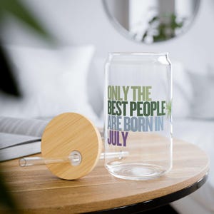 July Birthday Glass with birthflower - 16oz Iced Coffee Cup with Bamboo Lid & Straw, Birthday Gift
