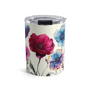 Geïsoleerde beker van 10 oz met aquarel wilde bloemen | Kleine reismok met bloemen en deksel | Leuke roestvrijstalen koffiekop