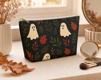 Spooky Ghost Fall Pouch | Halloween Zipper Bag | Autumn Leaf Organizer | Cute Ghostie Makeup Bag | Travel Pouch | Fall Gift & Decor