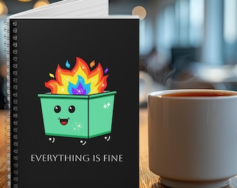 Grappig notitieboekje met de tekst "Alles komt goed", cadeau voor vrienden en collega's, brandende vuilcontainer, meme-notitieboekje, grappig notitieboekje, grapcadeau