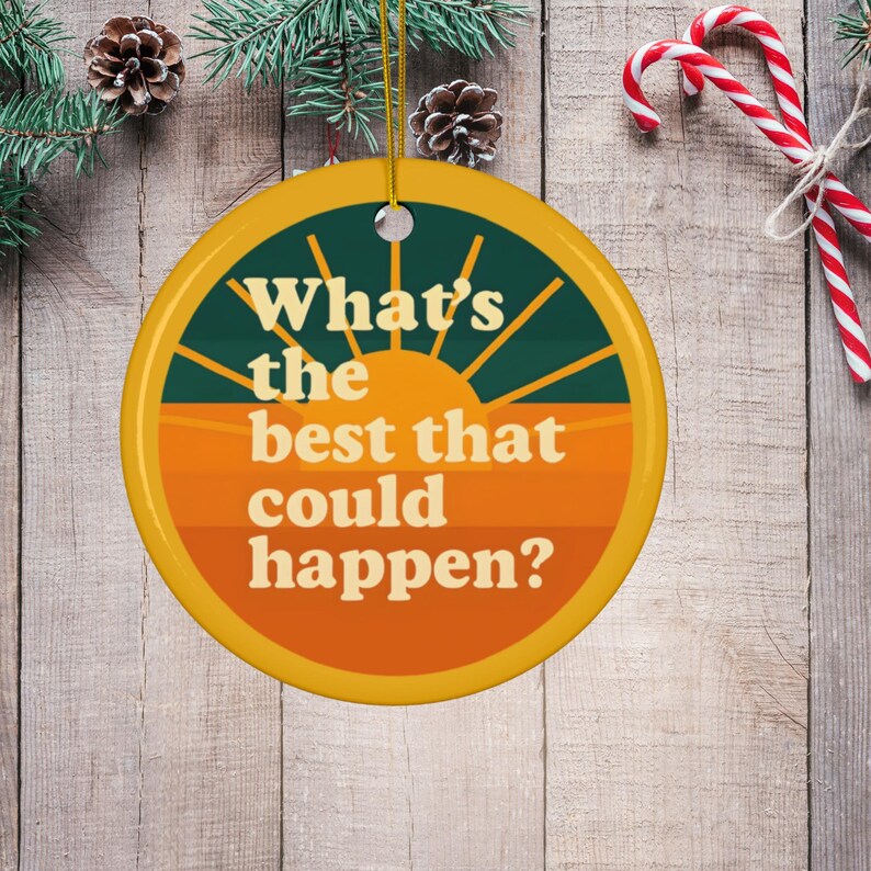 Ceramic ornament with warm sun graphic and inspirational quote, meaningful holiday or everyday encouragement piece