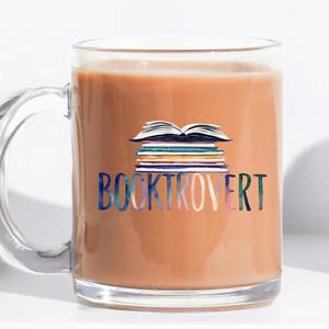 Booktrovert Glass Mug - Funny Book Lover Gift, Introvert Coffee Mug, Aesthetic Clear Mug for Readers & Bibliophiles