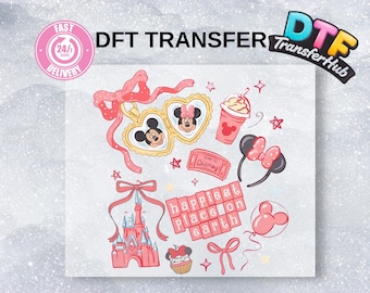 Transfert DTF avec nœud rose Mickey Minnie Mouse, conception de presse à chaud l'endroit le plus heureux du monde