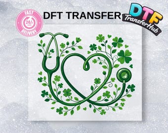 St Patrick's Day Lucky Nurse Heart Stethoscope DTF Transfer Shamrocks Clover Iron On