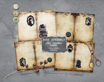 May include: A collection of vintage-style junk journal pages with a dark academia theme. The pages are aged with a sepia tone and feature decorative elements like portraits, clocks, and floral accents. The text on the image reads "Dark Academia Junk Journal Pages".