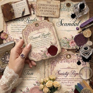 Victorian Ephemera Set - Dearest Reader Stationery, Regency Junk Journal Kit, Scandal & The Ton Tags, 4 Piece Digital Society Papers