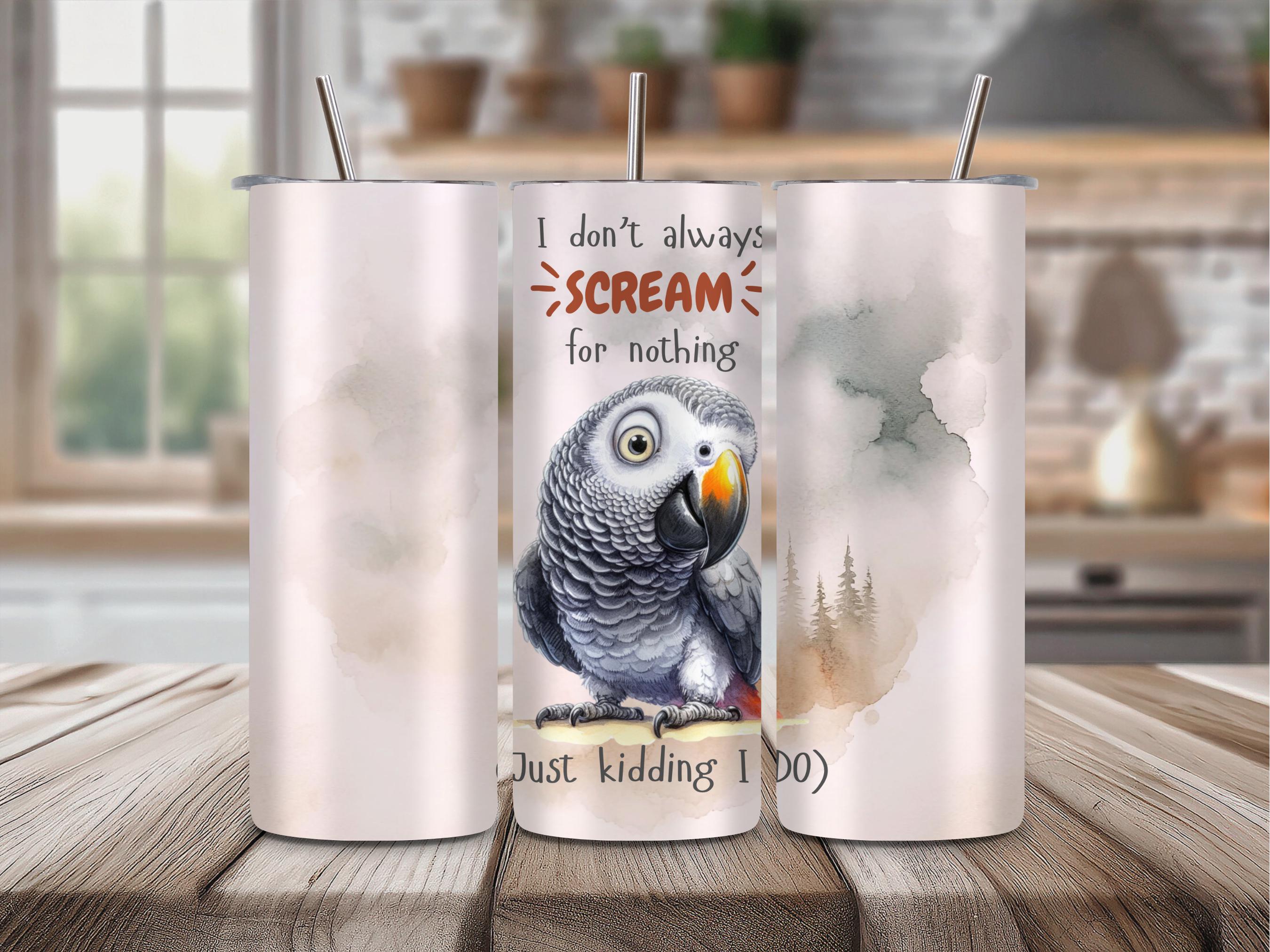 Gris d'Afrique, gobelet personnalisé de 20 oz. Tasse perroquet, oiseau exotique. 3 gobelets gris perroquet d'Afrique.