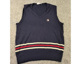 Vintage Fila Navy Blue Striped Virgin Wool Sweater Vest Made in Italy Mens XL