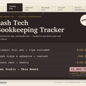 Lash Tech Bookkeeping Spreadsheet, Lash Artist Income and Expense Tracker, Tips Tracker, Beauty Business Excel Template, Instant Download